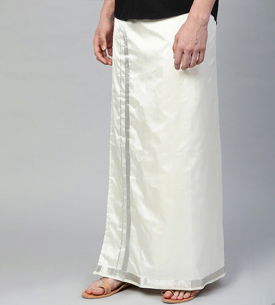 Men Off-White Solid Veshti With Woven Border