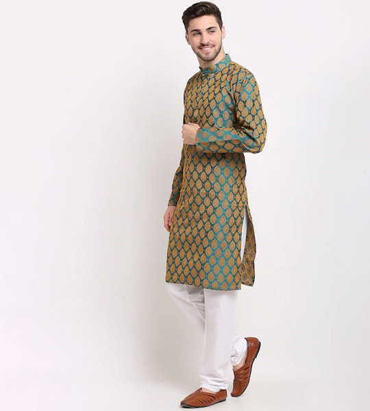 Men Green Jacquard Woven Design Kurtas