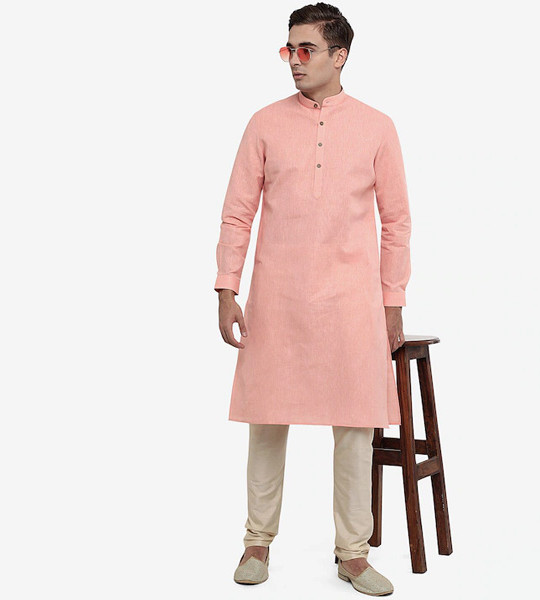 Men Pink Cotton Solid Mandarin Collar Ethnic Kurtas
