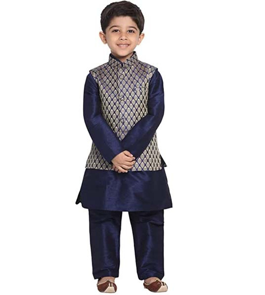 VASTRAMAY Boys' Beige Cotton Silk Blend Boys Nehru Modi Jacket Kurta & Pyjama Set