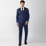 Men Blue Self-Design Single-Breasted Slim-Fit Three-Piece Suit