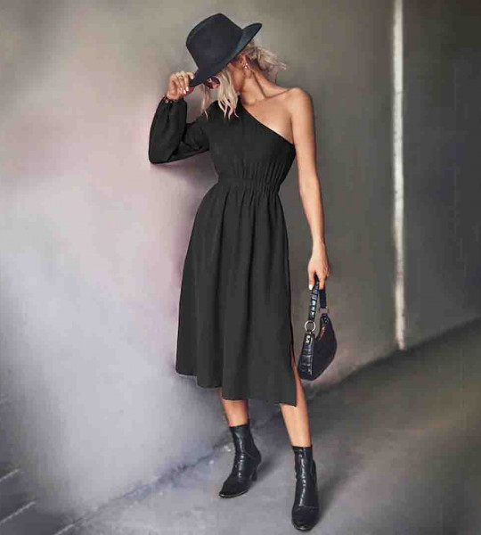 Black One Shoulder A-Line Dress