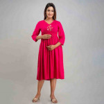 Women Pink Floral Embroidered Side Zip Maternity Empire Midi Dress