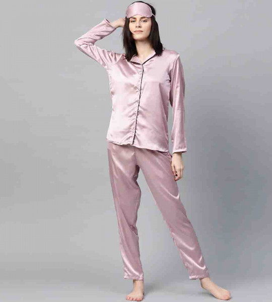 Women Pink Satin Finish Solid Nightsuit