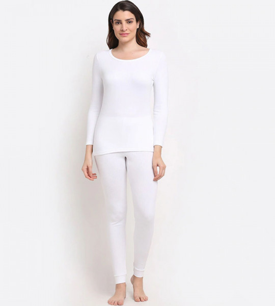 Women White Solid Thermal Top & Bottom