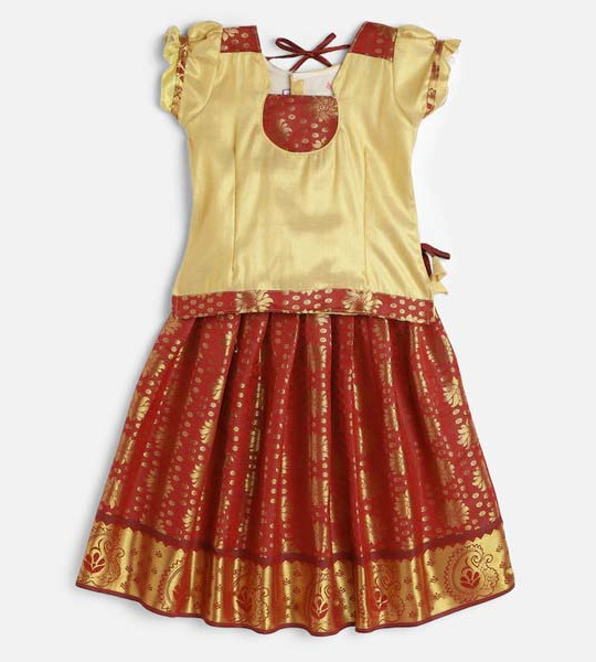 Girls Gold-Toned & Maroon Ready to Wear Pattu Pavadai