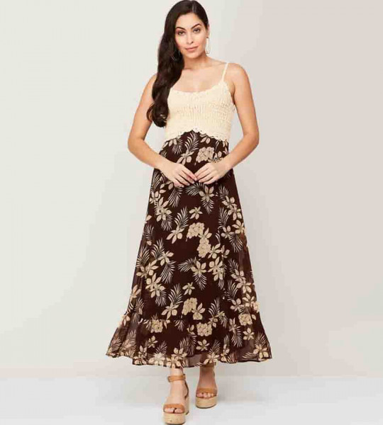 Red & Beige Floral Waist Cut-Out Maxi Dress