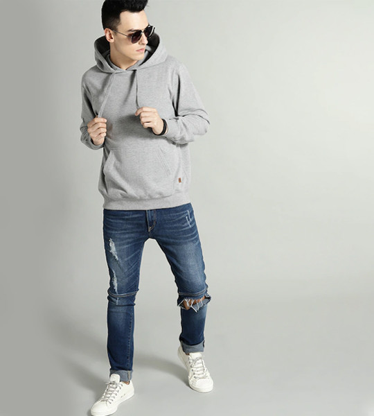 The Lifestyle Co Men Grey Melange Solid Hooded Sweatshirt