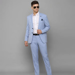 Men Blue Self Design Single Breasted Slim Fit Two Piece Formal Suit