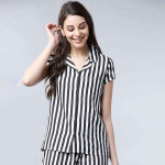 Women Black & White Regular Fit Striped Sleep Shirt