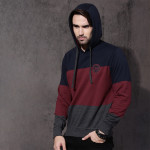 Men Maroon & Navy Blue Colourblocked Hooded Sweatshirt